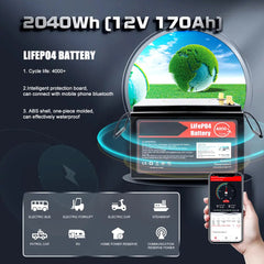 12V 170Ah Lifepo4 Rechargeable Battery Pack Bluetooth BMS With 14.6V 10A Charger For Solar System, RV, Boat