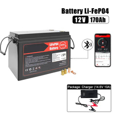 12V 170Ah Lifepo4 Rechargeable Battery Pack Bluetooth BMS With 14.6V 10A Charger For Solar System, RV, Boat