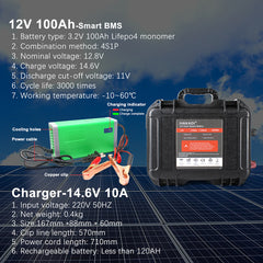 12V 100A LiFePO4 Rechargeable Battery Pack Built in BMS With BT 14.6V 10A Charger For Solar System
