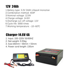 12V 200Ah Lifepo4 Rechargeable Battery Pack Build in BMS With 14.6V 20A Charger For Boat RV Fish Finder