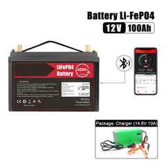 12V 100Ah Lifepo4 Rechargeable Battery Pack Build in BMS With BT 14.6V 10A Charger For Boat RV Fish Finder