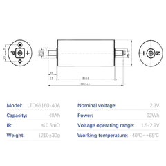 Grade A Yinlong 2.3V 40Ah LTO Cells Brand New 66160 Cylindrical Battery