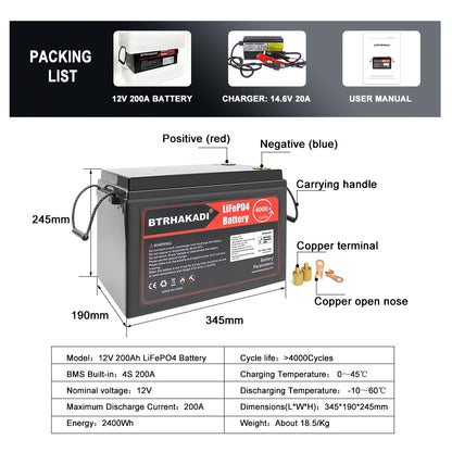 12V 200A Power Energy LiFePO4 Rechargeable Battery Pack Built in BMS with BT for solar system RV Camping Power Supply