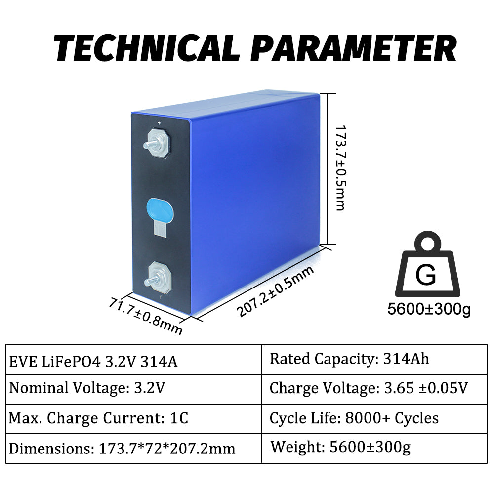 Grade A EVE 314Ah MB31 LiFePO4 3.2V Cell Rechargeable LFP Prismatic Battery Cells For DIY 12V 24V 48V Pack Solar Energy Storage