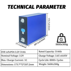 Grade A EVE 314Ah MB31 LiFePO4 3.2V Cell Rechargeable LFP Prismatic Battery Cells For DIY 12V 24V 48V Pack Solar Energy Storage