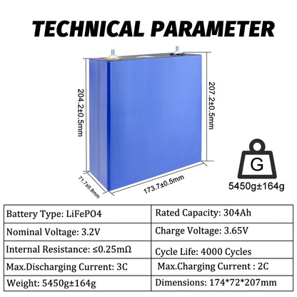 EU STOCK! Lifepo4 EVE 3.2V 304Ah Batteries Grade A Rechargeable Battery for DIY BAttery Pack Solar Energy Storage RV EV Power Supply