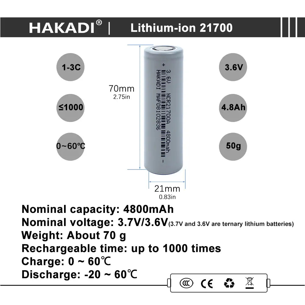 21700 3.7V 4800mAh Rechargeable Lithium-ion High Power Battery Cells