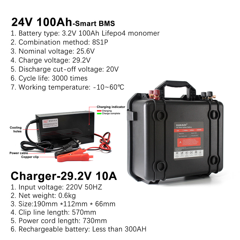 LiFePO4 Rechargeable Battery Pack 24V 100A Built in BT BMS With 29.2V 10A Charger for solar system Home Energy Storage