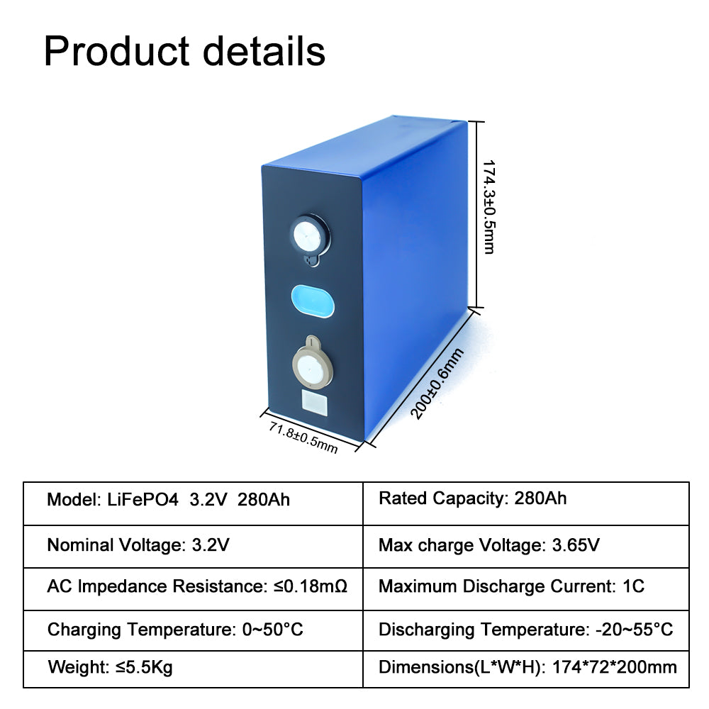 HIGEE 3.2V 280Ah Lifepo4 Rechargeable Battery Cell 6000+Cycle Life For DIY 12V 24V 48V Battery Pack Solar Energy Storage symstem