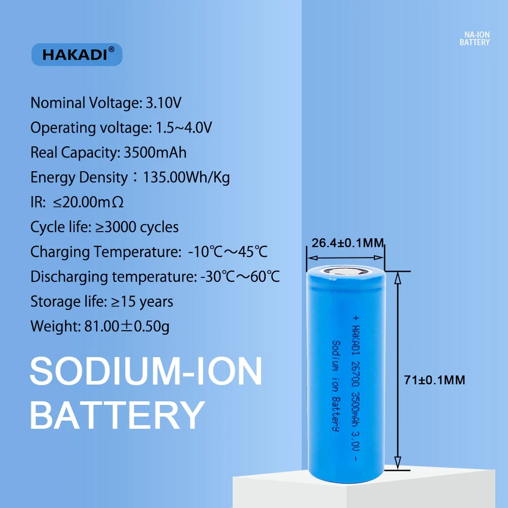 Sodium-ion Battery 26700 3V 3500mAh SIB Rechargeable NA Cell Cycle Life 3000+ For E-bike Power Tools