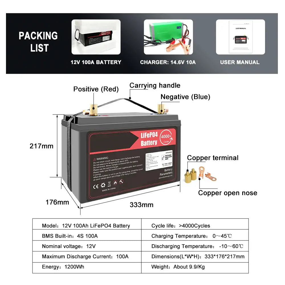 12V 100Ah Lifepo4 Rechargeable Battery Pack Build in BMS With BT 14.6V 10A Charger For Boat RV Fish Finder
