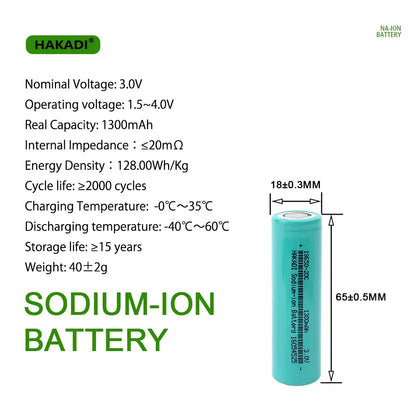 18650 1300mAh 3V Sodium-ion Cells Discharge 20C NA-ion Rechargeable Battery For E-bike Power Tools DIY 12V 24V 48V 72V Battery Pack