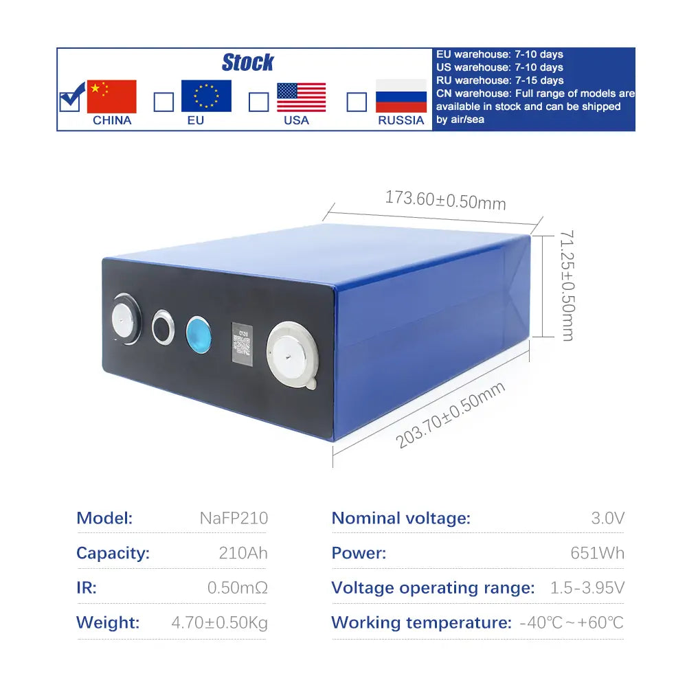 Sodium-ion battery 3V 210Ah Grade A Na Cell DIY 12V 24V 48V Battery Pack For Home Energy Storage