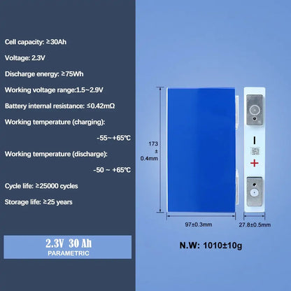 Yinlong 2.3V 30Ah LTO Prismatic battery Cycle life 25000 times low temperature discharge for DIY grid EV