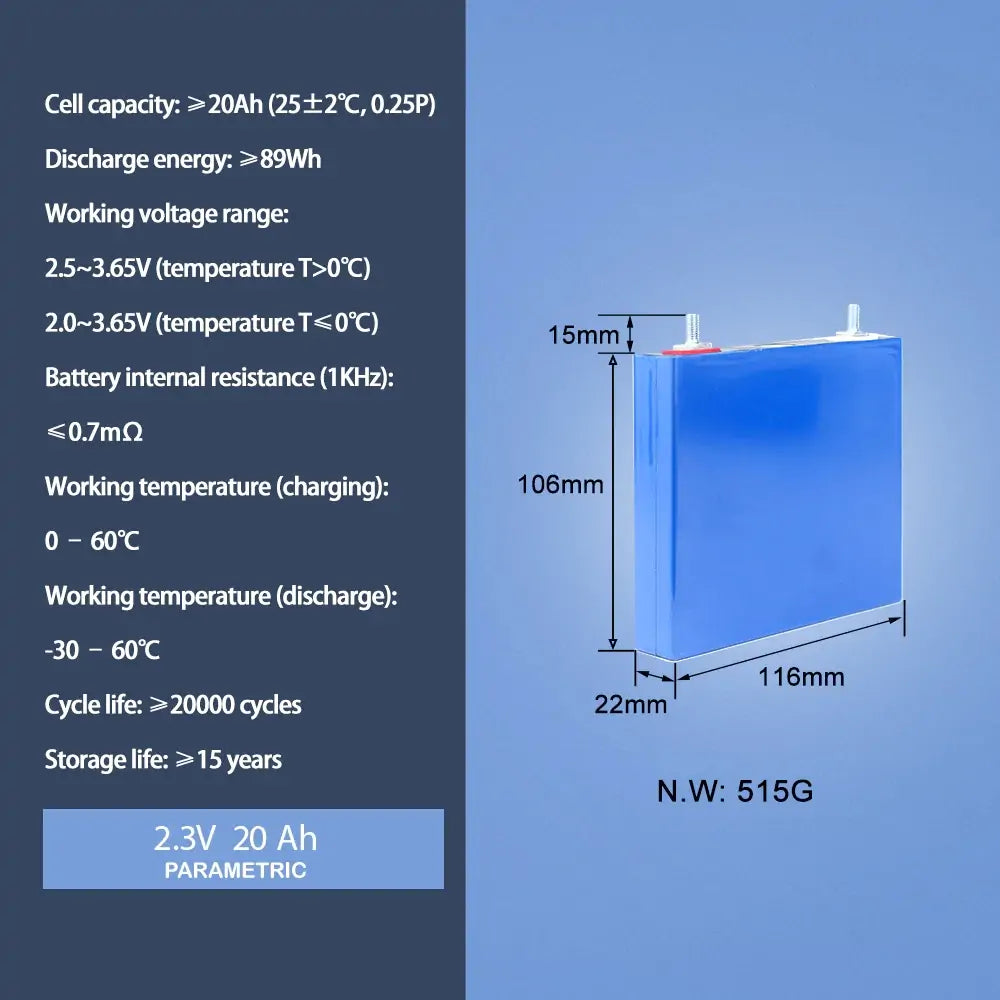 SCIB 2.3V 20Ah LTO Rechargeable Battery cycle life 20000 For Low Temperature discharge Home Reserve Power