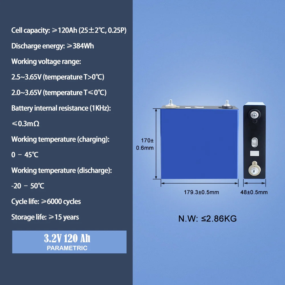 HIGEE 3.2V 120Ah 4PCS Lifepo4 Battery Cell 3500+Cycle life Rechargeable For DIY 12V 24V 48V 120Ah Battery Pack Solar Wind Energy Storage System
