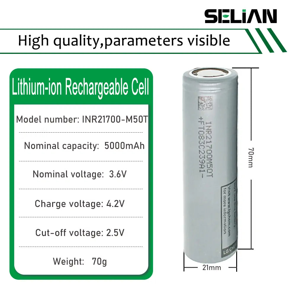 INR21700-M50T 3.6V 5000mah 100% Original Grade A NMC Rechargeable Lithium ion Battery Cell