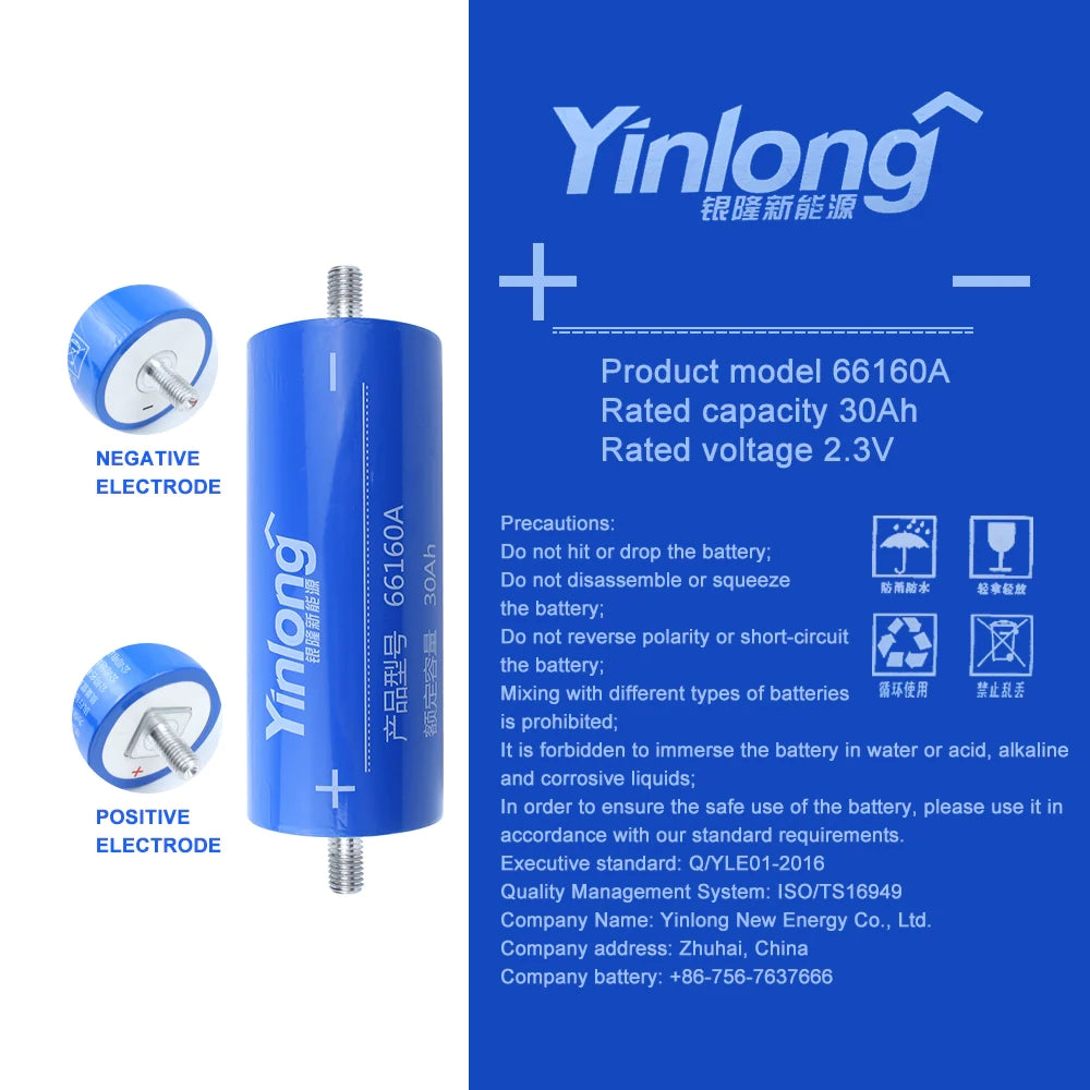 Original LTO Yinlong 2.3V 30Ah Lithium Titanate battery Cycle life 25000+ For -50 °low temperature discharge DIY Battery Pack 12V 24V 48V