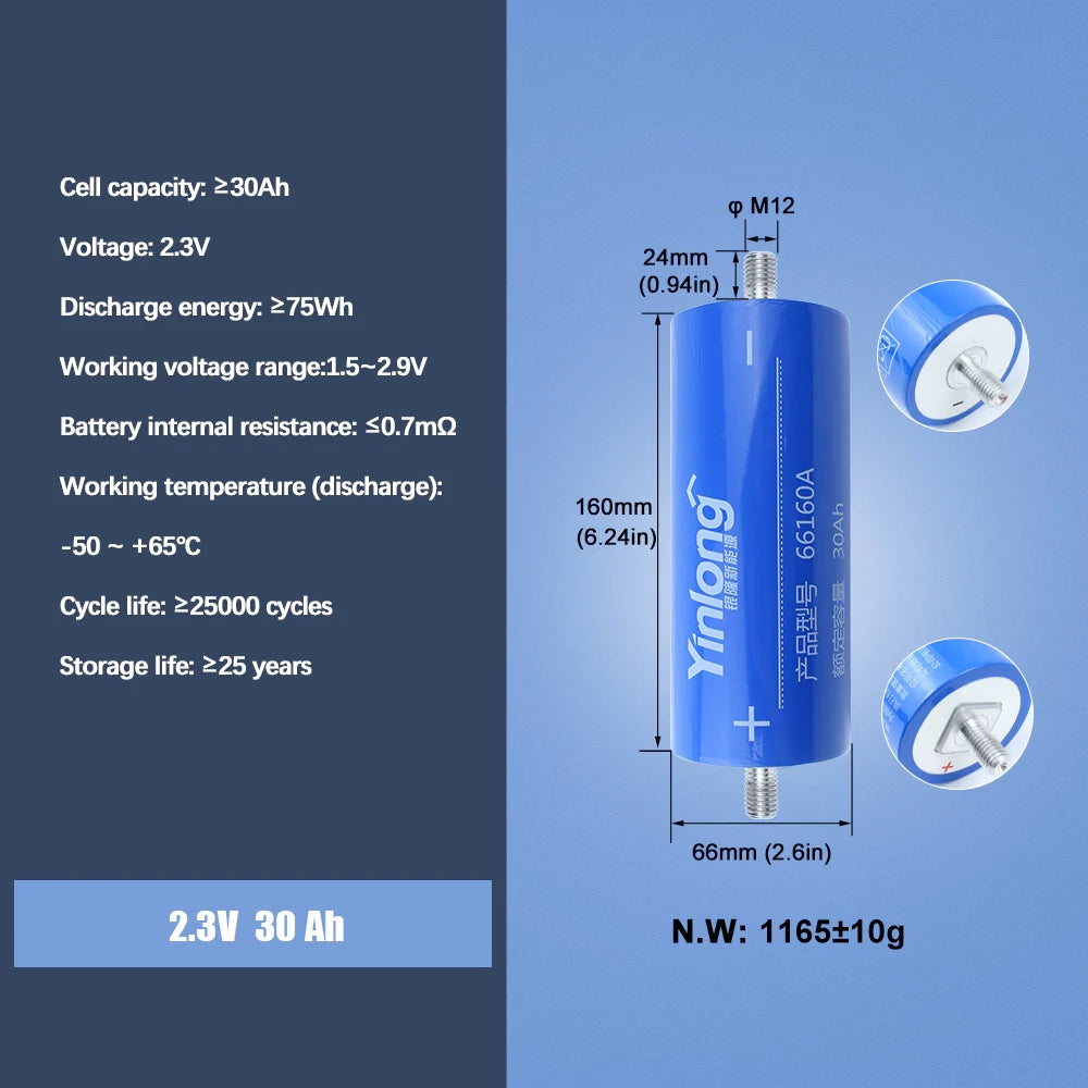 Original LTO Yinlong 2.3V 30Ah Lithium Titanate battery Cycle life 25000+ For -50 °low temperature discharge DIY Battery Pack 12V 24V 48V